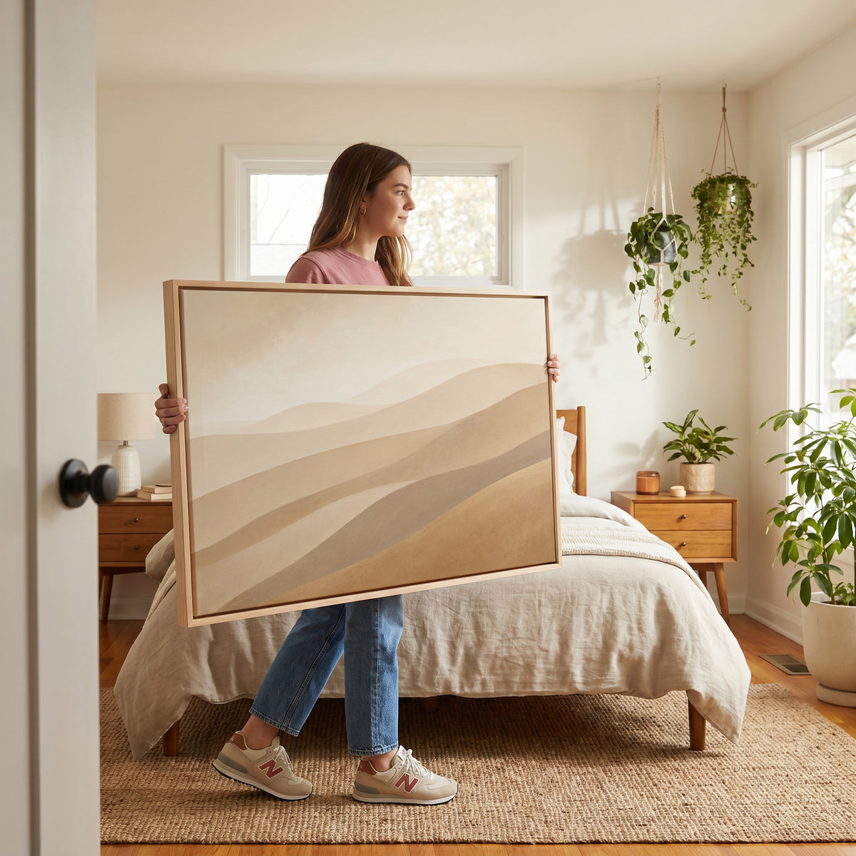 Layered hills canvas wall art showing pale desert ridges layered in tan, greige and ochre under a faint sky