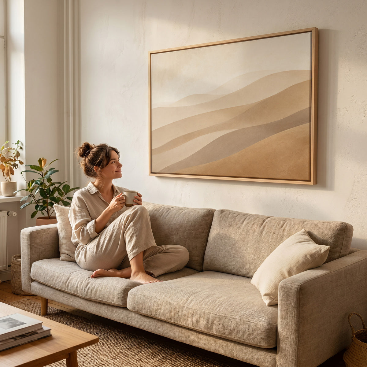 Neutral canvas wall art showing pale desert ridges layered in tan, greige and ochre under a faint sky