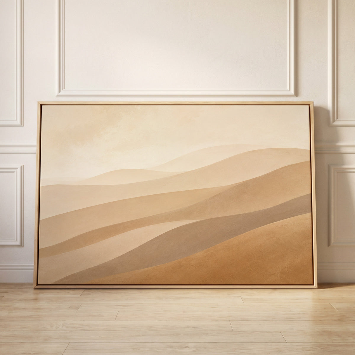 Pale desert ridges layered in tan, greige and ochre under a faint sky, canvas wall art
