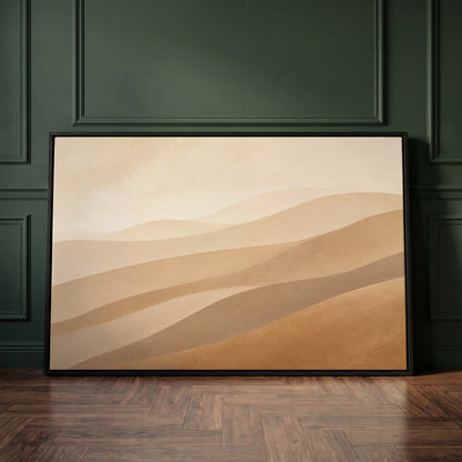 Pale desert ridges layered in tan, greige and ochre under a faint sky, wall art print