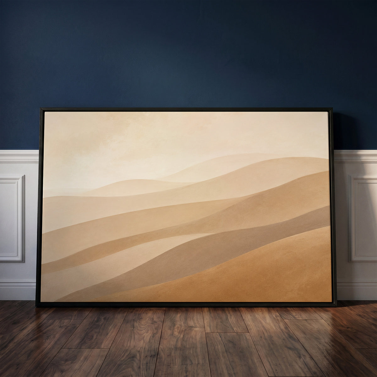 Soft landscape canvas wall art showing pale desert ridges layered in tan, greige and ochre under a faint sky