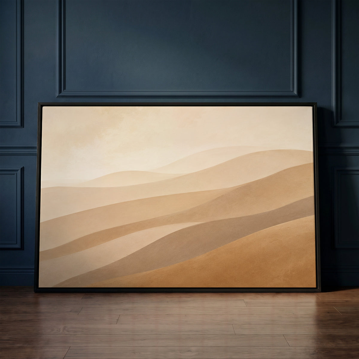 Calm canvas wall art showing pale desert ridges layered in tan, greige and ochre under a faint sky