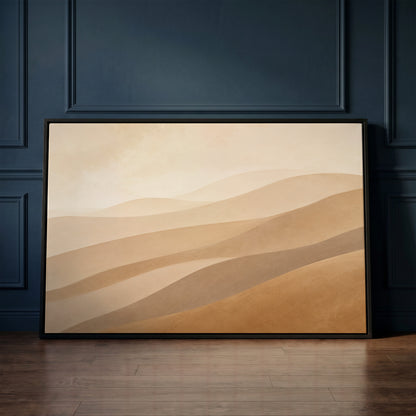 Calm canvas wall art showing pale desert ridges layered in tan, greige and ochre under a faint sky
