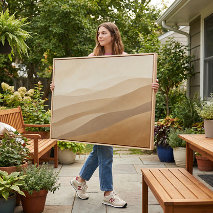 Modern desert canvas wall art showing pale desert ridges layered in tan, greige and ochre under a faint sky
