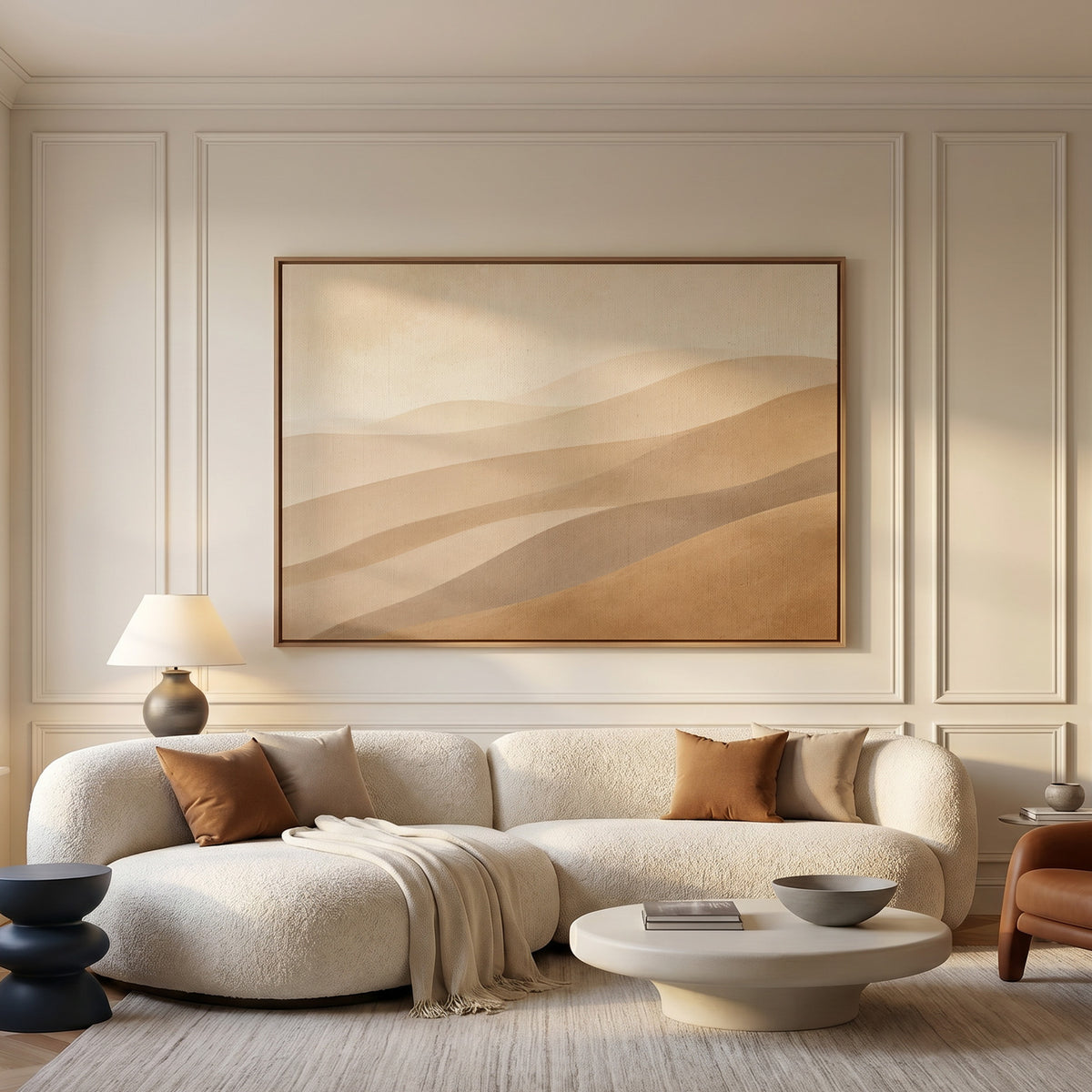 Japandi canvas wall art showing pale desert ridges layered in tan, greige and ochre under a faint sky