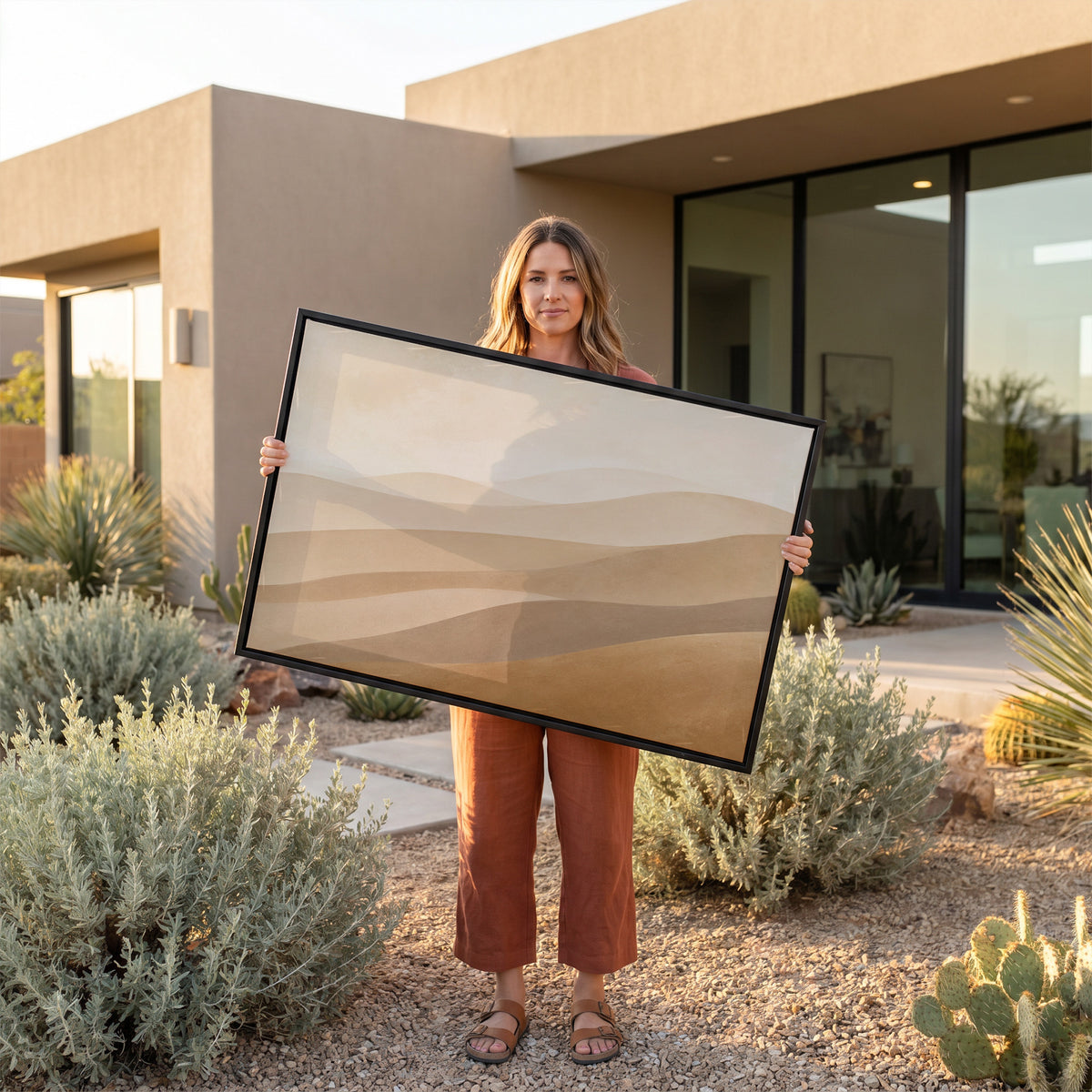 Pale desert ridges layered in tan, greige and ochre under a faint sky, canvas art print