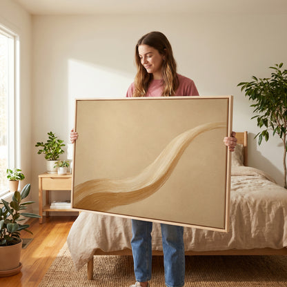 Wabi sabi canvas wall art showing one long caramel and cream brushstroke sweeping across a warm sand ground