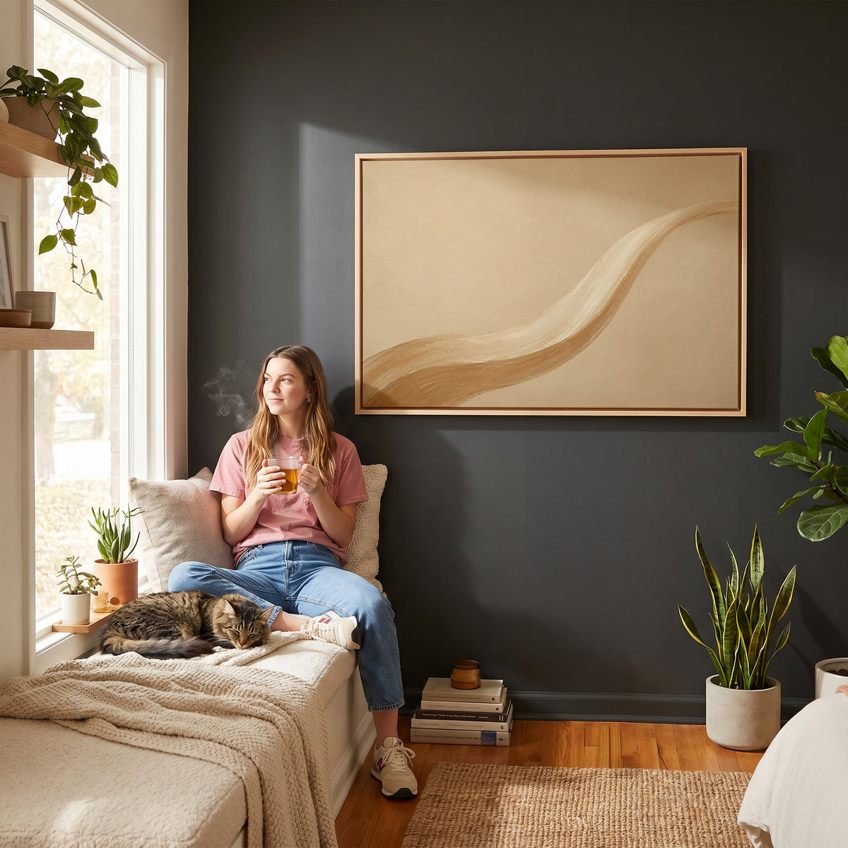 Modern minimal canvas wall art showing one long caramel and cream brushstroke sweeping across a warm sand ground