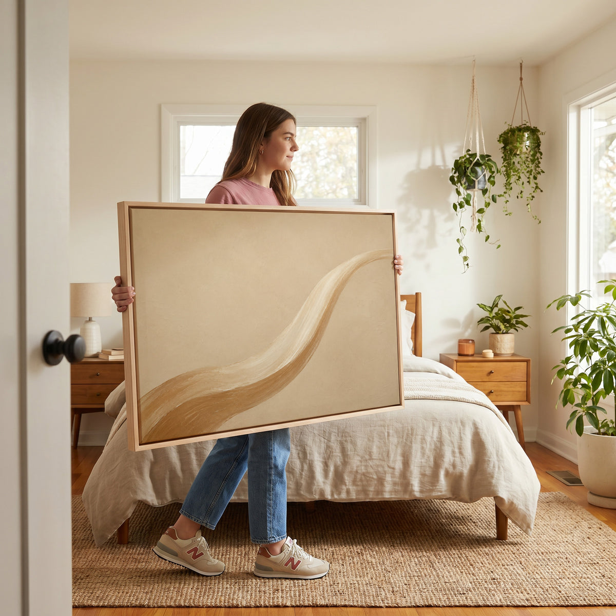 Neutral canvas wall art showing one long caramel and cream brushstroke sweeping across a warm sand ground