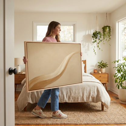 Neutral canvas wall art showing one long caramel and cream brushstroke sweeping across a warm sand ground