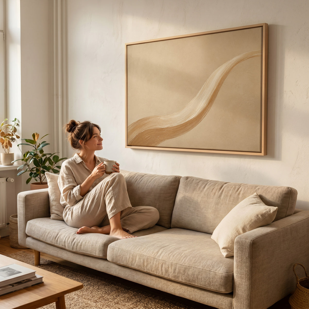 Zen canvas wall art showing one long caramel and cream brushstroke sweeping across a warm sand ground