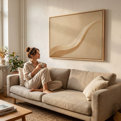 Zen canvas wall art showing one long caramel and cream brushstroke sweeping across a warm sand ground