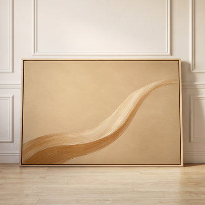 One long caramel and cream brushstroke sweeping across a warm sand ground, canvas wall art