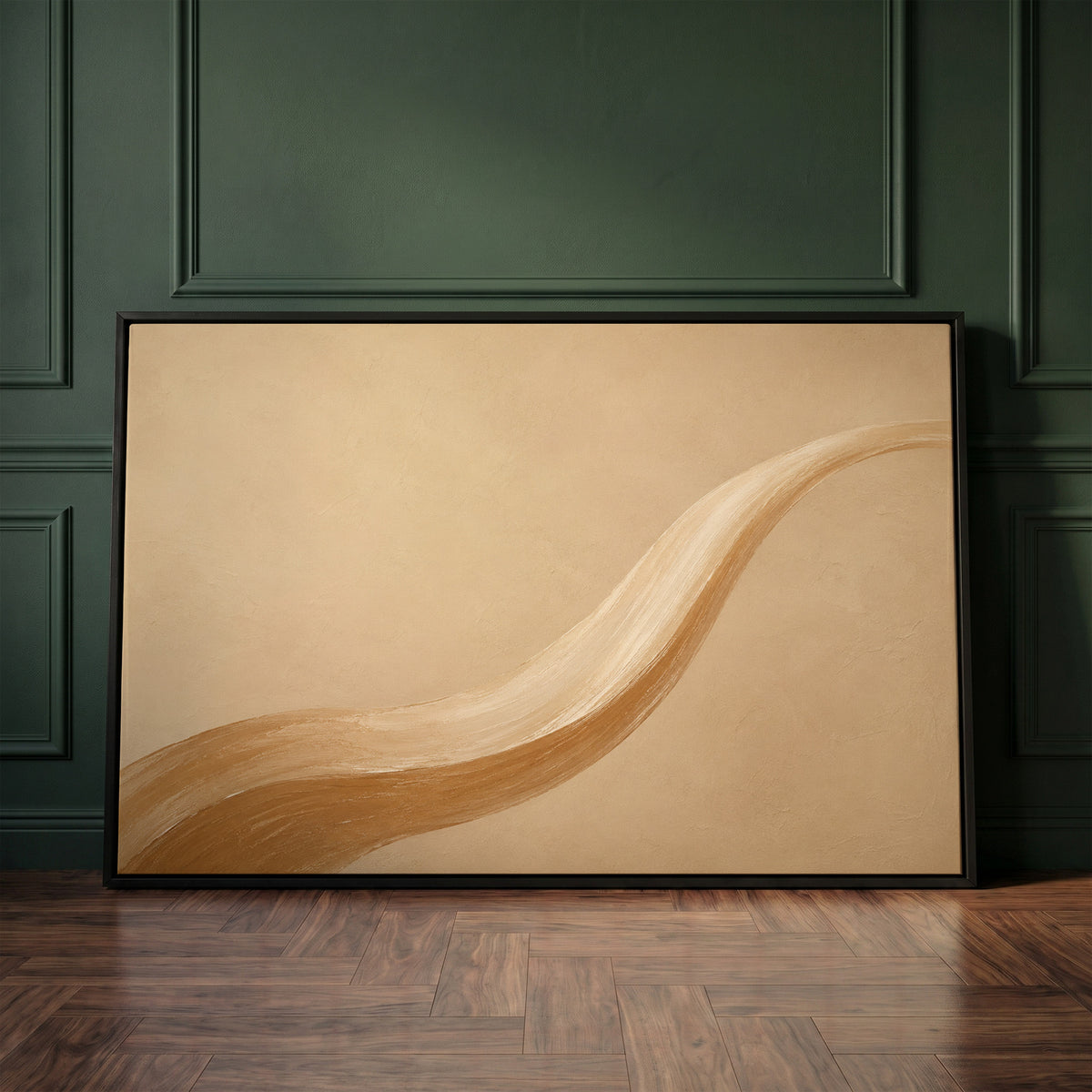 Warm sand canvas wall art showing one long caramel and cream brushstroke sweeping across a warm sand ground