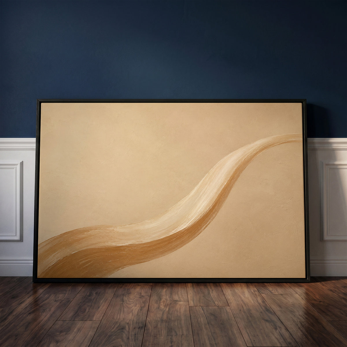 Japandi canvas wall art showing one long caramel and cream brushstroke sweeping across a warm sand ground
