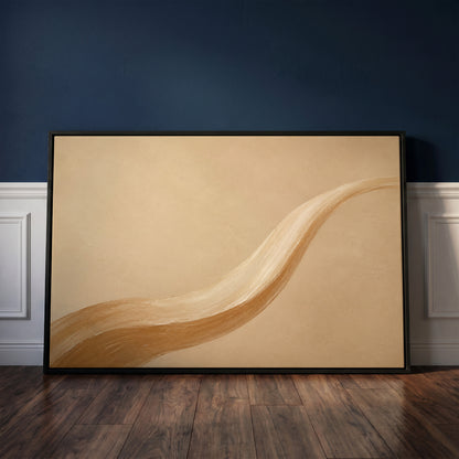 Japandi canvas wall art showing one long caramel and cream brushstroke sweeping across a warm sand ground