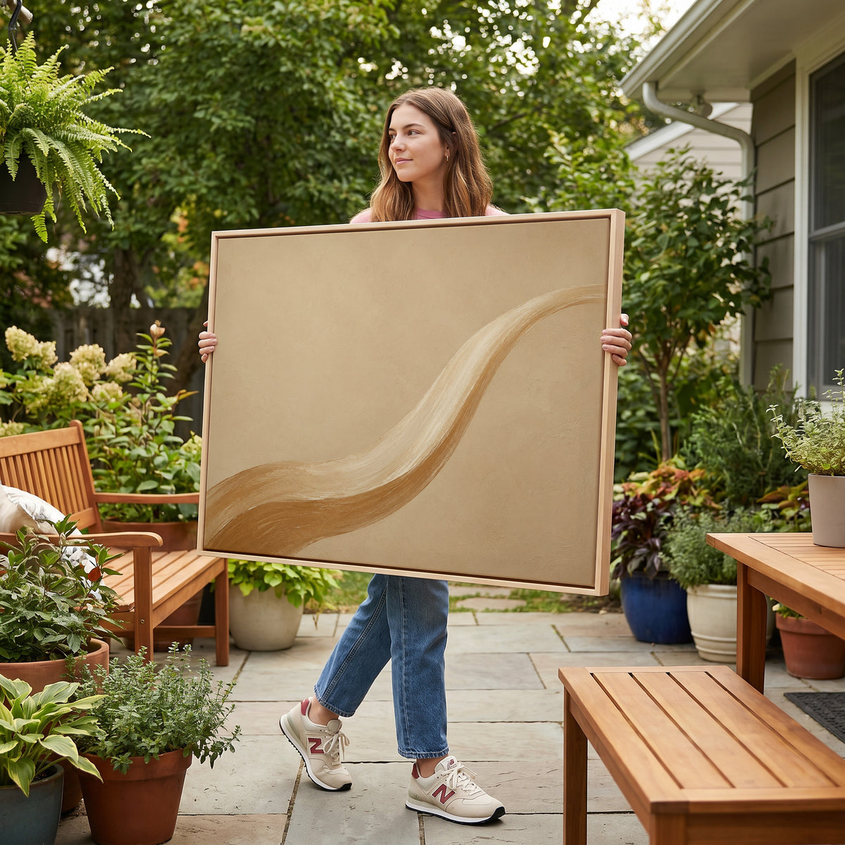 One long caramel and cream brushstroke sweeping across a warm sand ground, canvas print