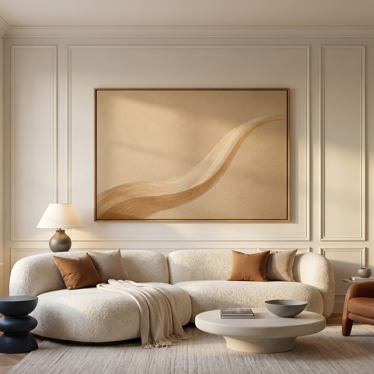 Calm canvas wall art showing one long caramel and cream brushstroke sweeping across a warm sand ground