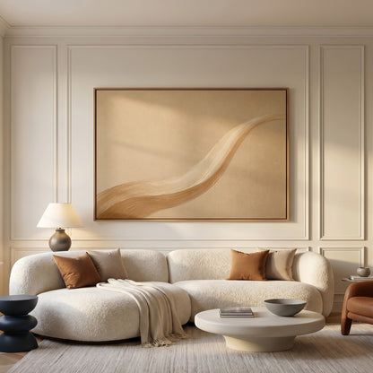 Calm canvas wall art showing one long caramel and cream brushstroke sweeping across a warm sand ground