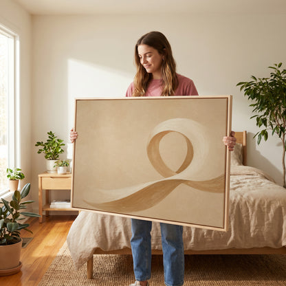 A cream and caramel brushstroke curling into an open loop on a sand ground, canvas art print