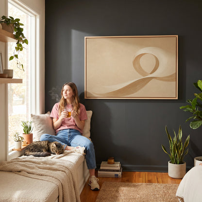 Neutral canvas wall art showing a cream and caramel brushstroke curling into an open loop on a sand ground