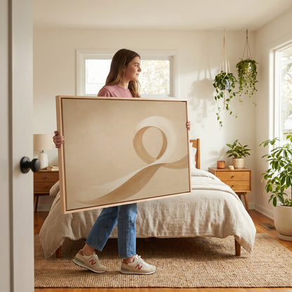 A cream and caramel brushstroke curling into an open loop on a sand ground, wall art print