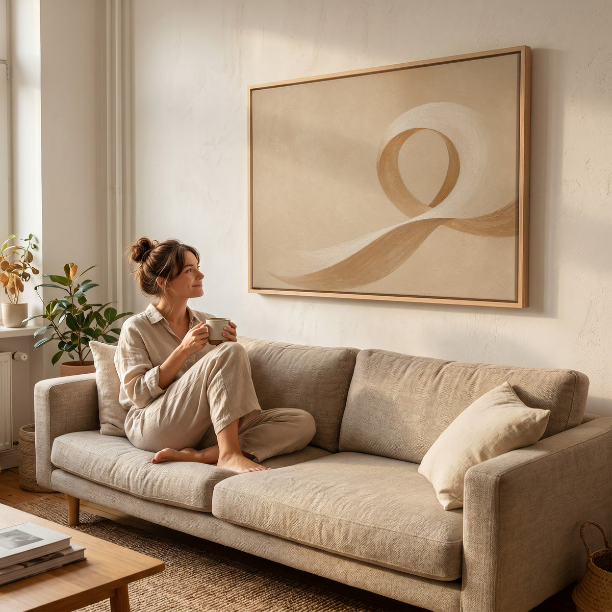 Beige canvas wall art showing a cream and caramel brushstroke curling into an open loop on a sand ground