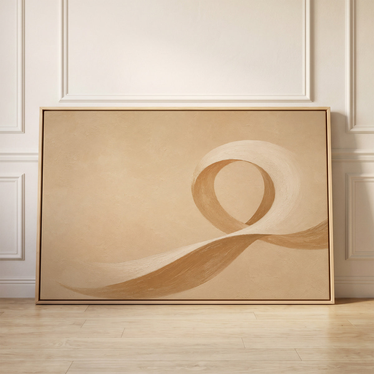 A cream and caramel brushstroke curling into an open loop on a sand ground, canvas wall art