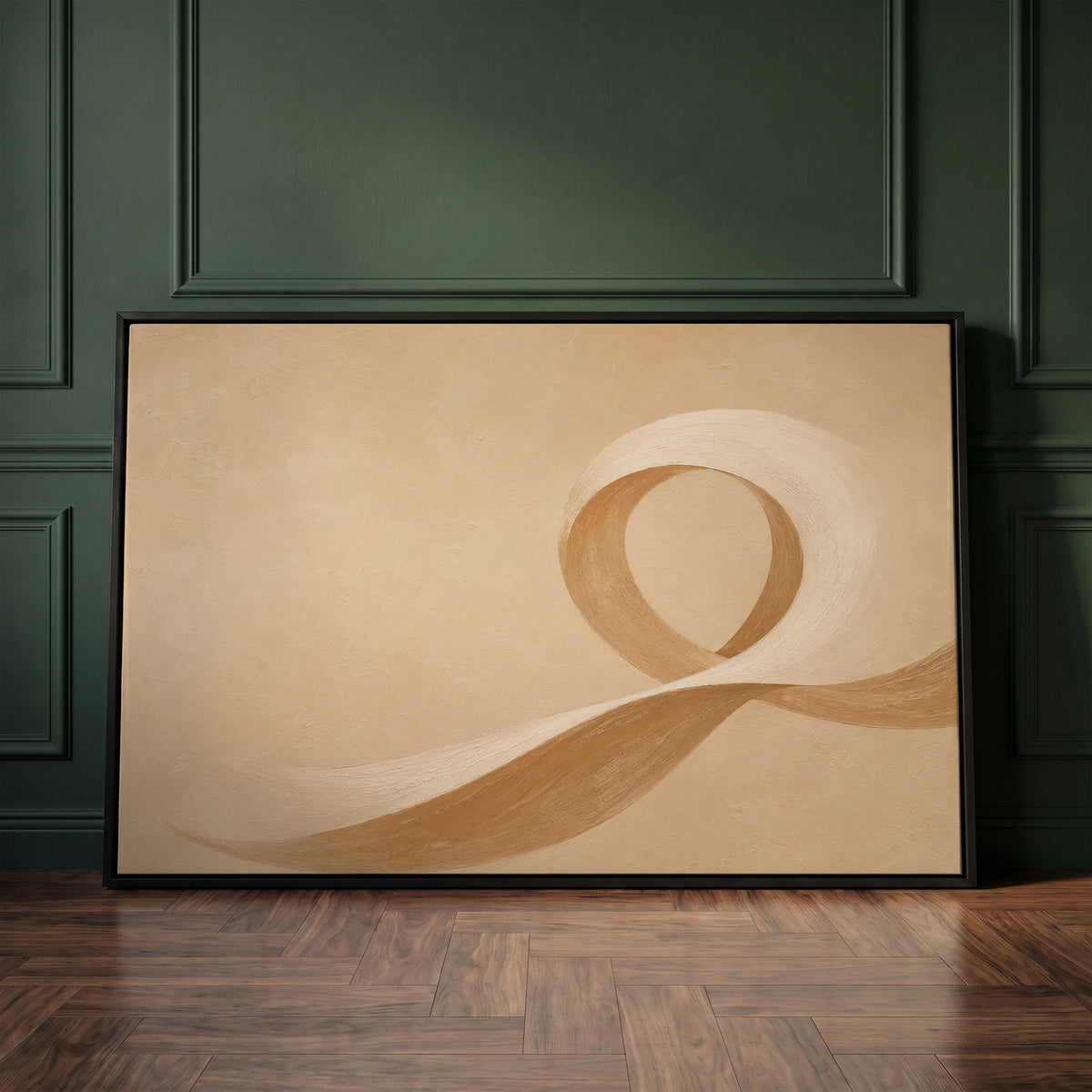 Zen canvas wall art showing a cream and caramel brushstroke curling into an open loop on a sand ground