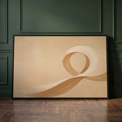 Zen canvas wall art showing a cream and caramel brushstroke curling into an open loop on a sand ground