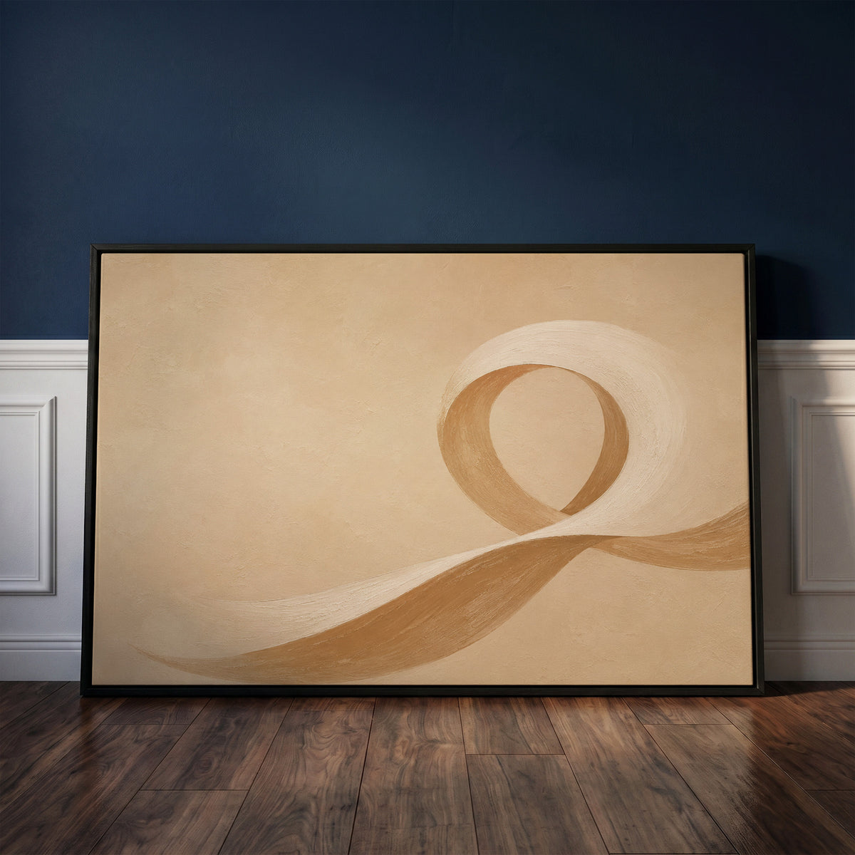 Minimal abstract canvas wall art showing a cream and caramel brushstroke curling into an open loop on a sand ground