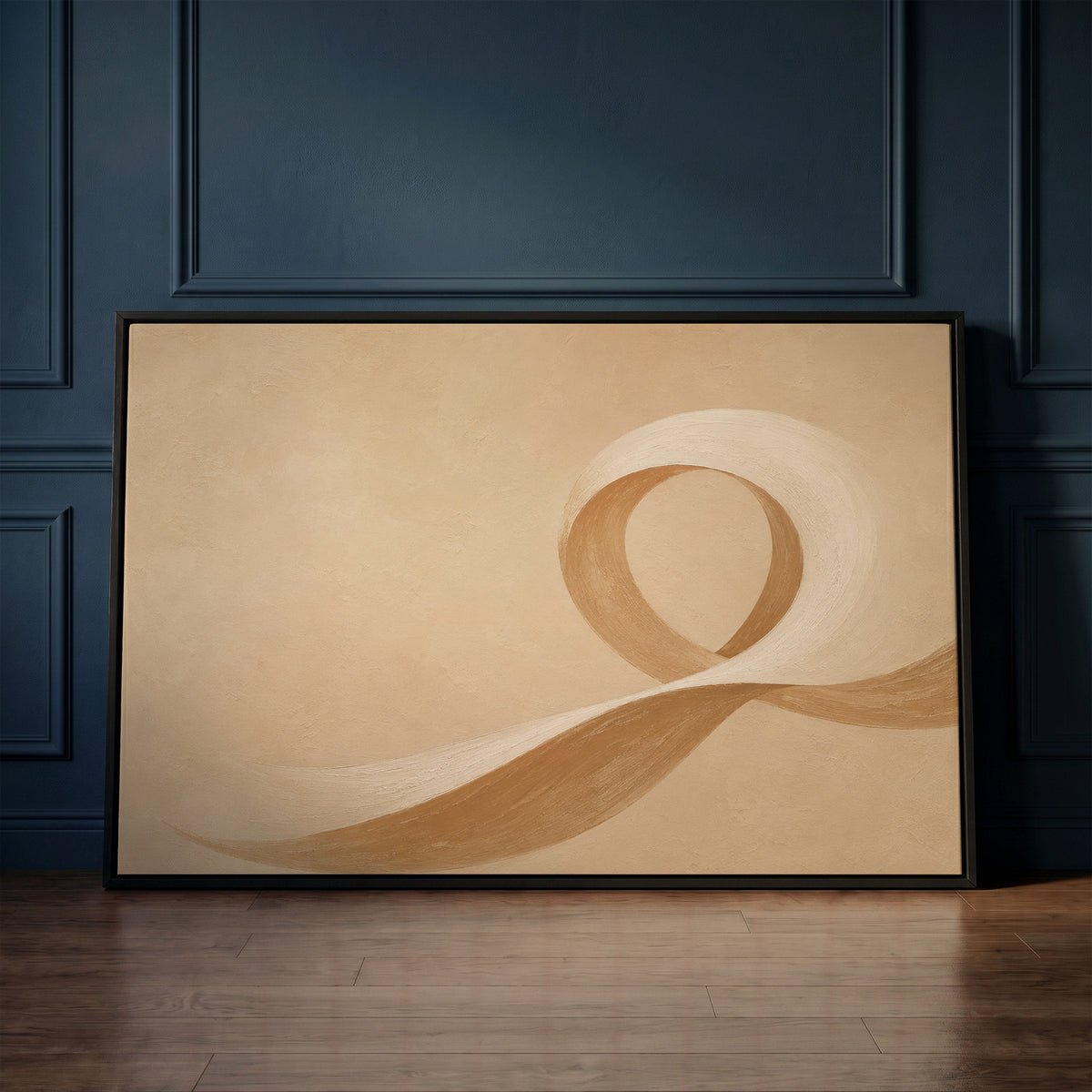 Japandi canvas wall art showing a cream and caramel brushstroke curling into an open loop on a sand ground