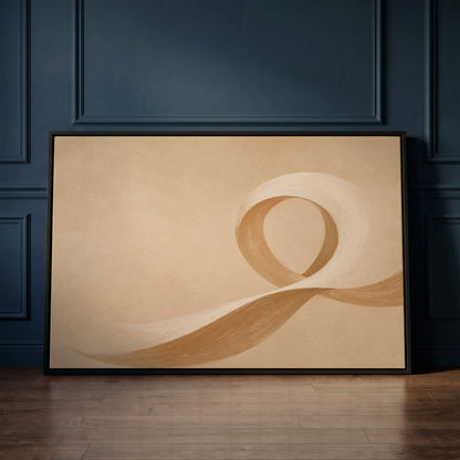 Japandi canvas wall art showing a cream and caramel brushstroke curling into an open loop on a sand ground