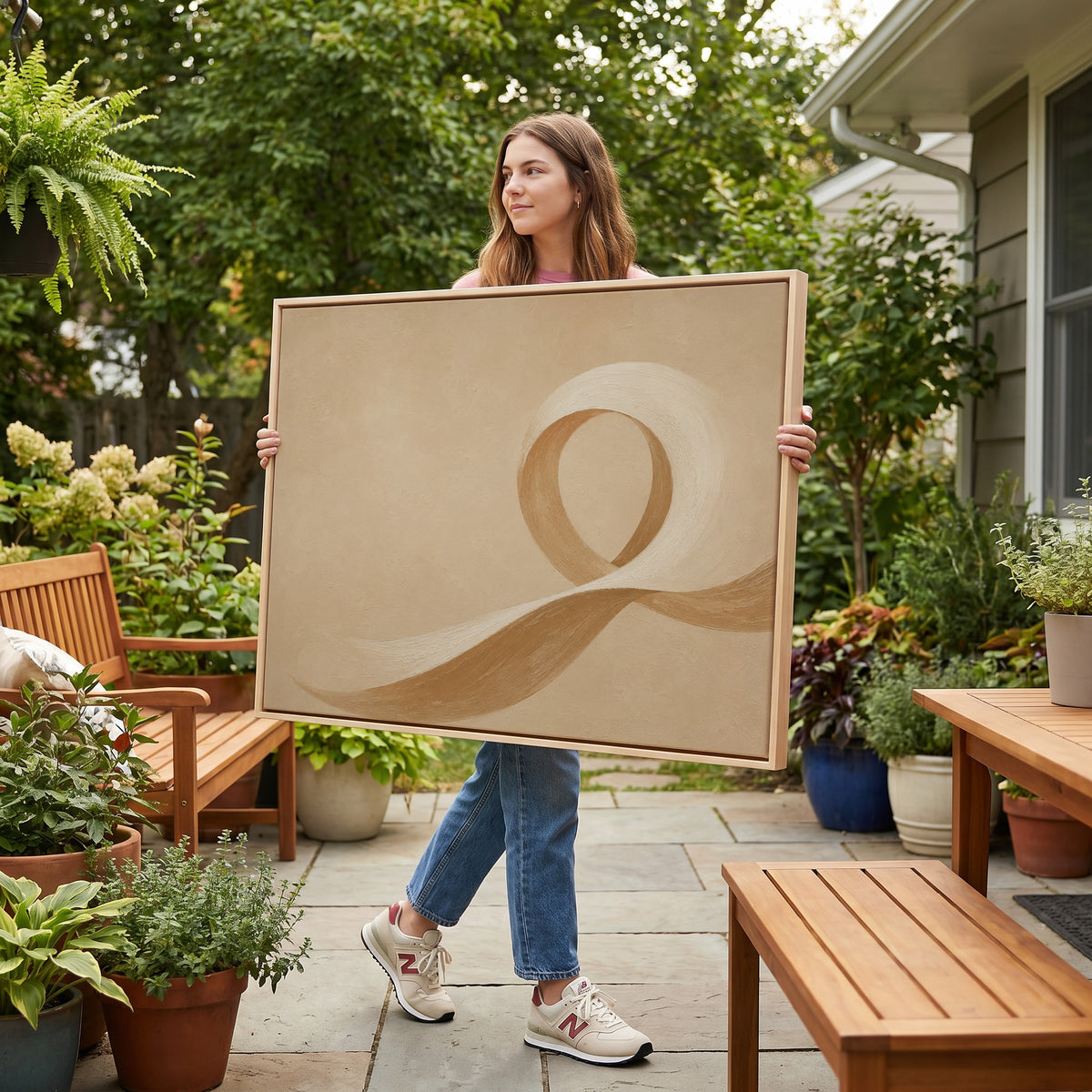 Calm canvas wall art showing a cream and caramel brushstroke curling into an open loop on a sand ground