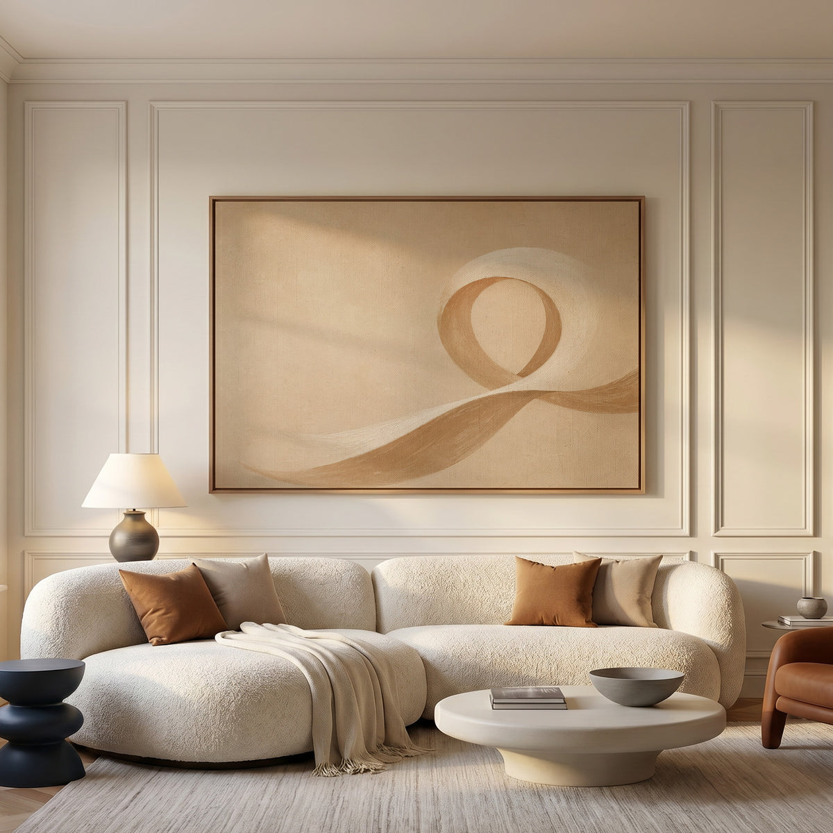 Enso canvas wall art showing a cream and caramel brushstroke curling into an open loop on a sand ground