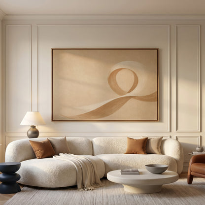 Enso canvas wall art showing a cream and caramel brushstroke curling into an open loop on a sand ground