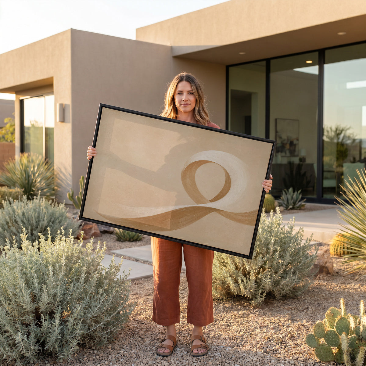 Brushstroke canvas wall art showing a cream and caramel brushstroke curling into an open loop on a sand ground