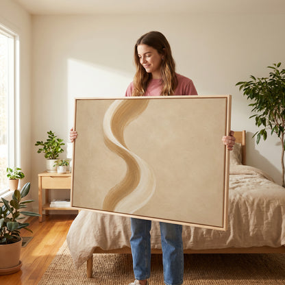 Wabi sabi canvas wall art showing a tall S-curved brushstroke in cream and caramel on a warm sand ground