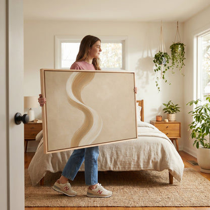 Minimal abstract canvas wall art showing a tall S-curved brushstroke in cream and caramel on a warm sand ground