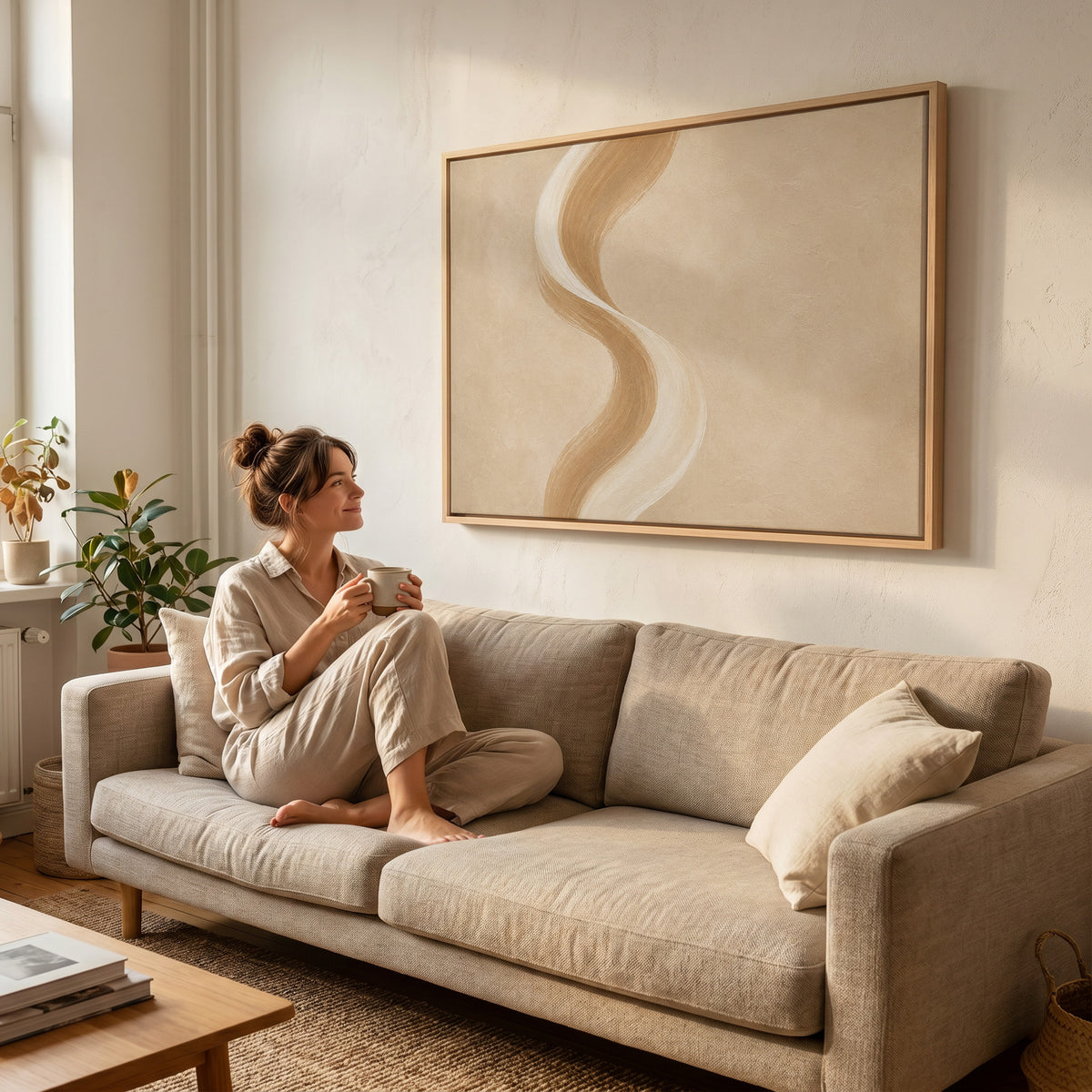 Caramel canvas wall art showing a tall S-curved brushstroke in cream and caramel on a warm sand ground
