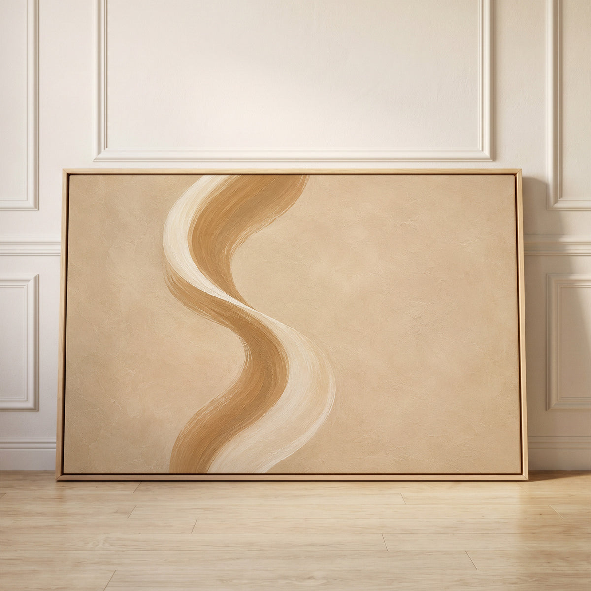 A tall S-curved brushstroke in cream and caramel on a warm sand ground, canvas wall art