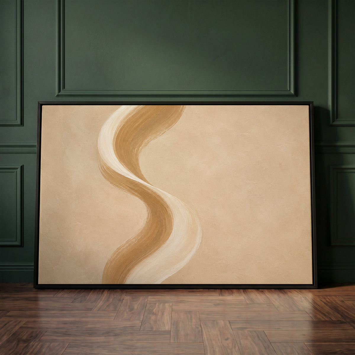 Calm canvas wall art showing a tall S-curved brushstroke in cream and caramel on a warm sand ground