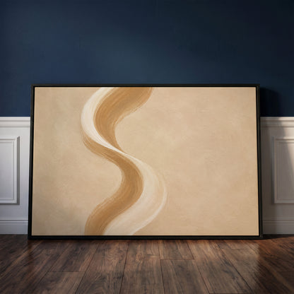 Japandi canvas wall art showing a tall S-curved brushstroke in cream and caramel on a warm sand ground