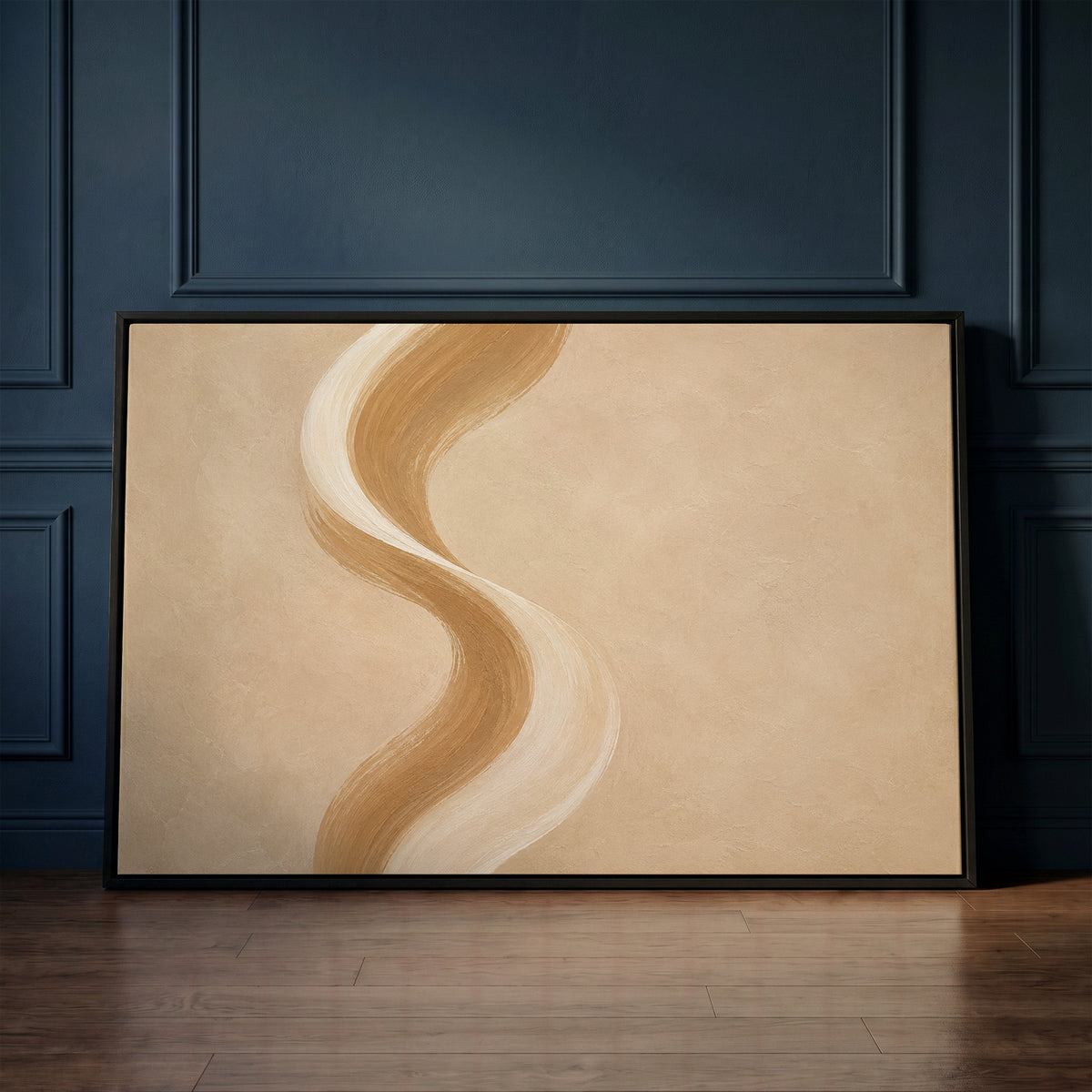 Cream canvas wall art showing a tall S-curved brushstroke in cream and caramel on a warm sand ground