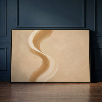 Cream canvas wall art showing a tall S-curved brushstroke in cream and caramel on a warm sand ground