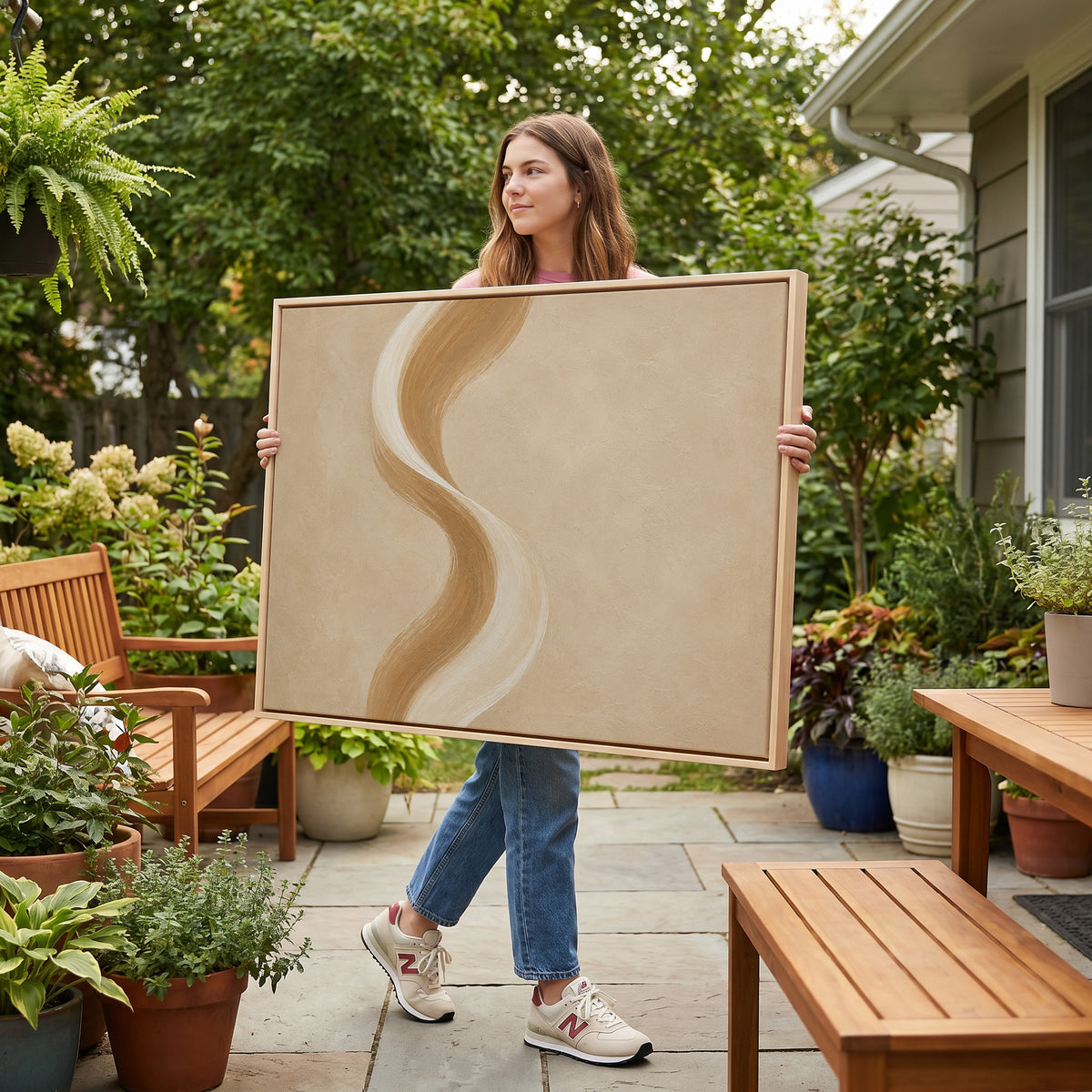 Neutral canvas wall art showing a tall S-curved brushstroke in cream and caramel on a warm sand ground