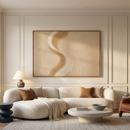 A tall S-curved brushstroke in cream and caramel on a warm sand ground, canvas art print