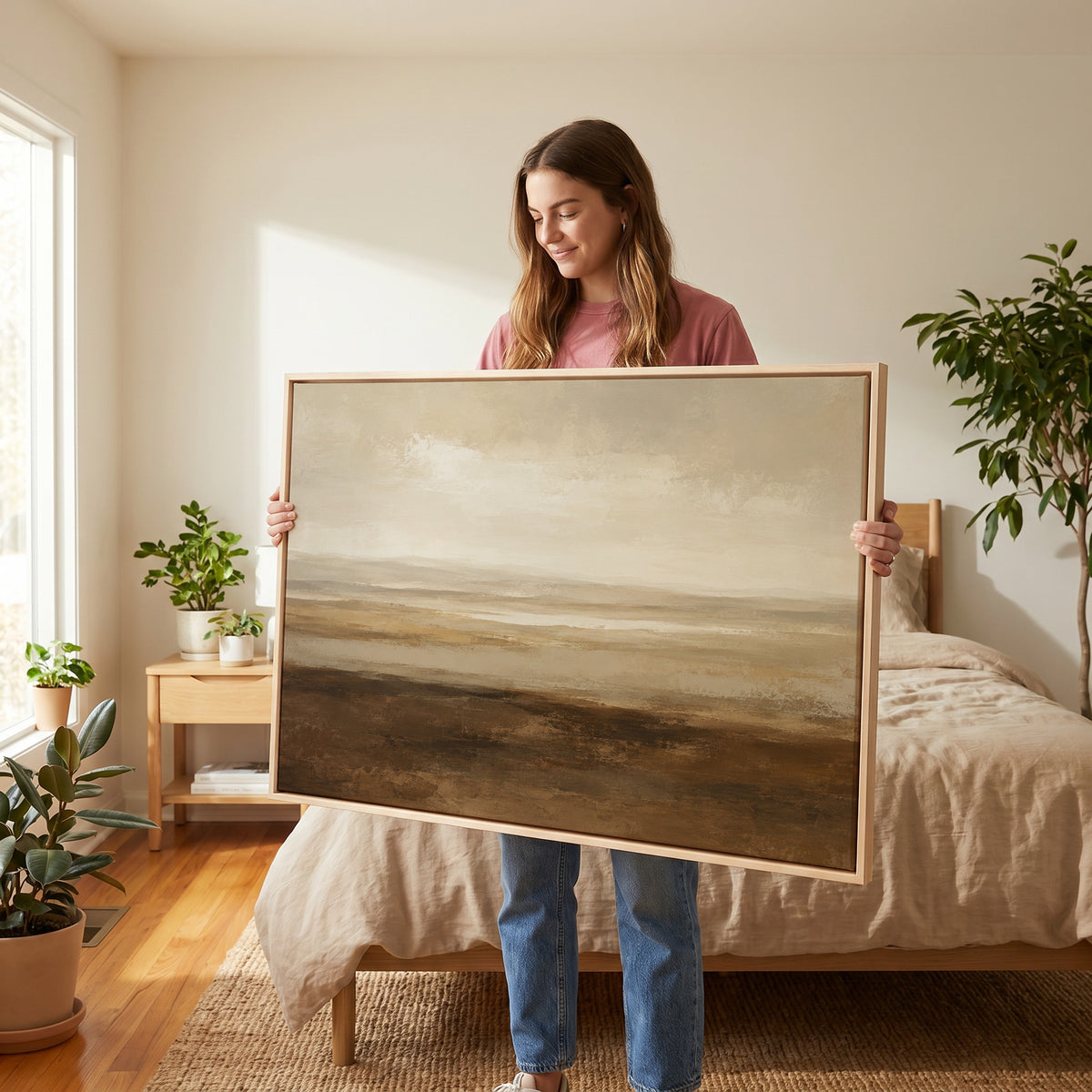 A wide moorland plain with pale water in the distance under a heavy soft sky, wall art print