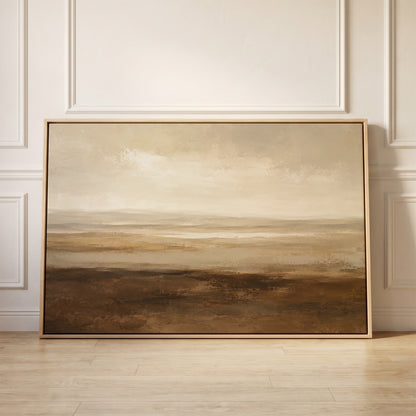 A wide moorland plain with pale water in the distance under a heavy soft sky, canvas wall art
