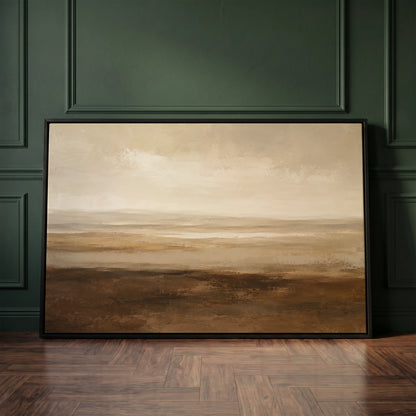 Abstract landscape canvas wall art showing a wide moorland plain with pale water in the distance under a heavy soft sky